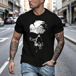 Men's Gothic 3D Skull T-Shirt, Distressed Graphic Cotton Tee, Classic Fit Comfy Shortsleeve Top for Casual Streetwear