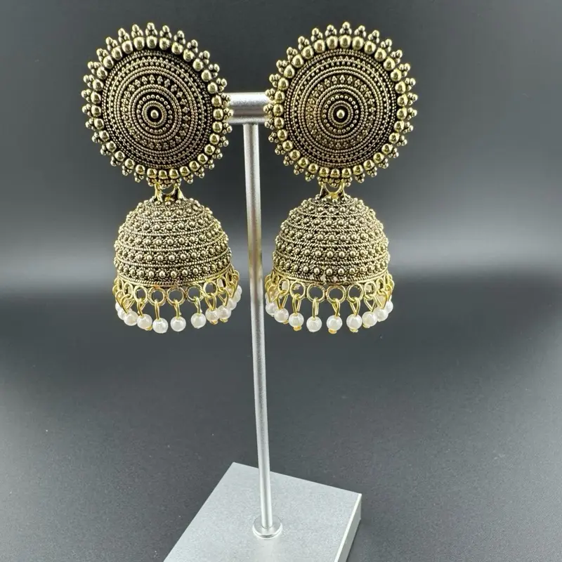Oxidize Jhumka in 6 Different Colors - Elegant Gold Tone Earrings with Intricate Design and Dangling Beads
