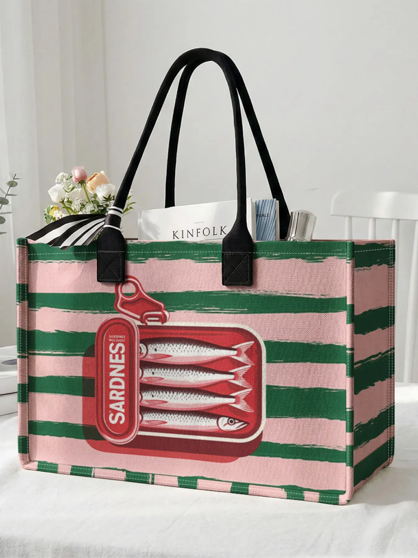 1 piece sardine can pattern 2D printed large capacity storage bag, Tote Bag, Storage Totes, sturdy handle, space-saving multi-purpose, suitable for school, business trips, shopping
