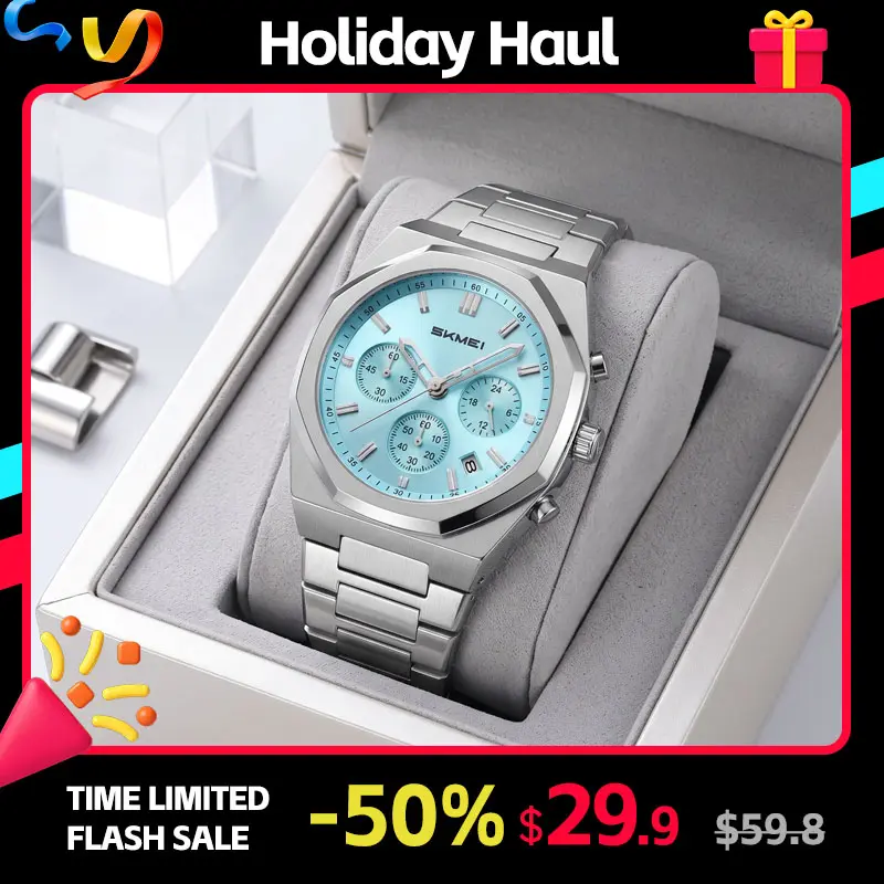 SKMEI  Men's Watch, Polygonal Quartz Analog Watch with Stopwatch Date and Sub-Dials, Stainless Steel Band Sport Business Watch for Men, Everyday Office and Casual Wear, Silver Gold Wrist Watch