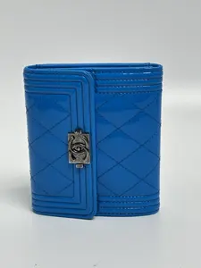 Pre-owned CHANEL leather wallet Boy Compact Blue Quilted Silver Hardware SH436CC
