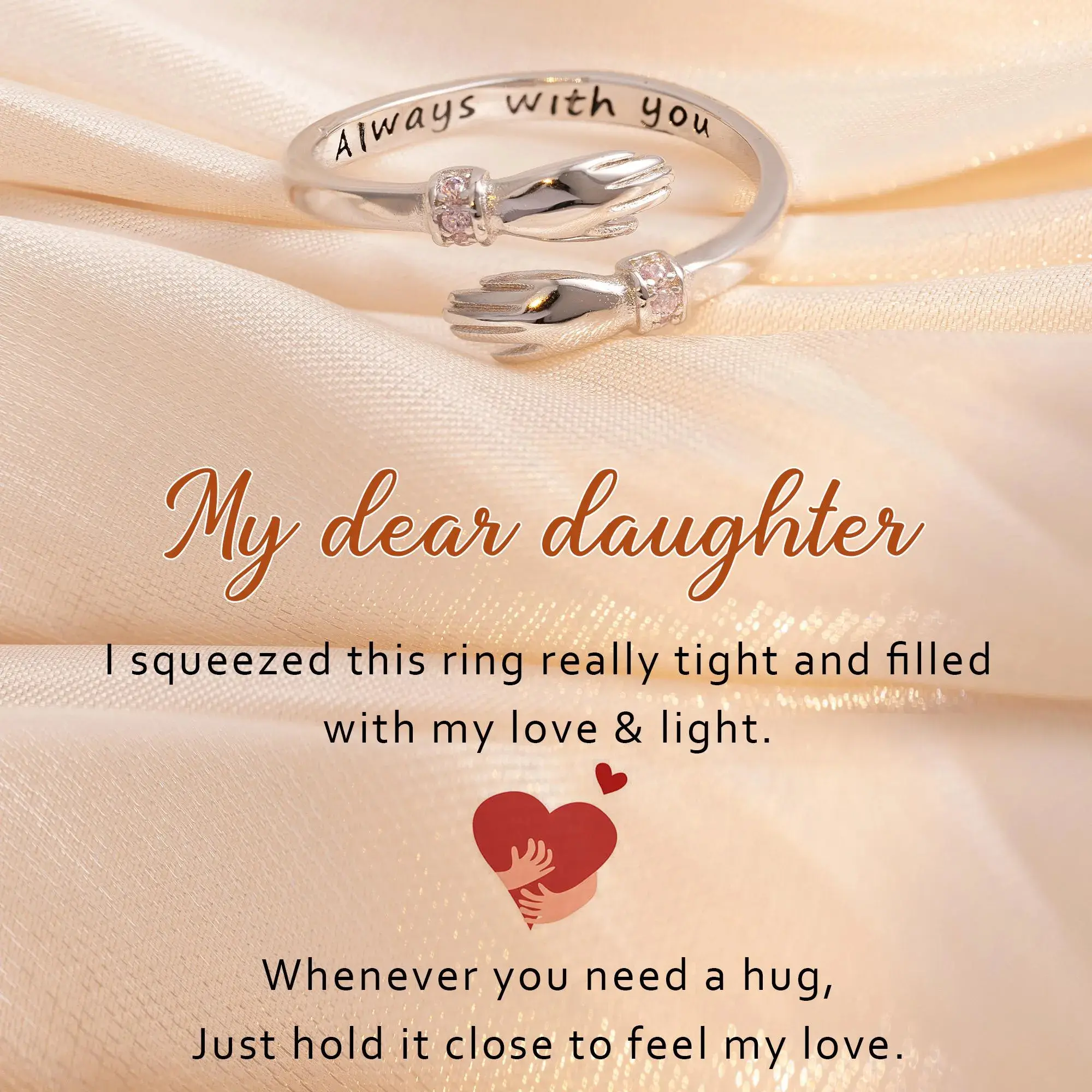 modmints Adjustable Hug-Shape Cubic Zirconia Artificial Gemstone Ring, Sentimental Daughter Gift with Message Card for Emotional Connection Jewelry, Cubic Zirconia Ring