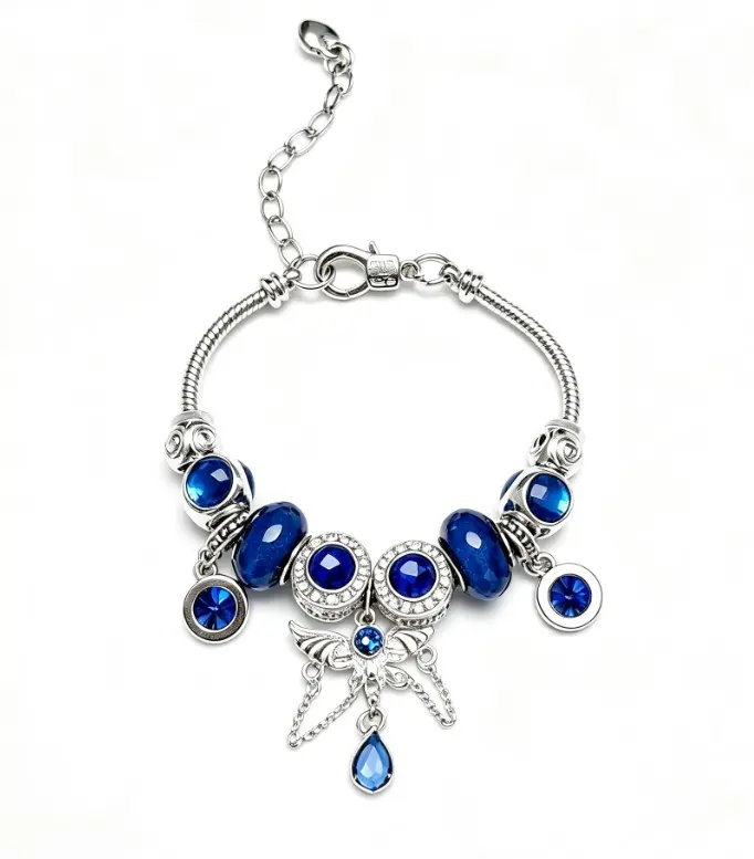 Blue Crystal Butterfly Charm Bracelet for Women, Adjustable Silver Snake Chain Beaded Bangle with Rhinestone Teardrop Pendant, Ocean Themed Dainty Jewelry Gift for Teen Girls