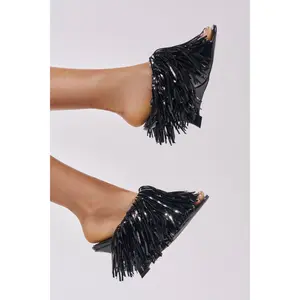 AZALEA WANG VAILYN BLACK FRINGE PU WEDGE SANDAL