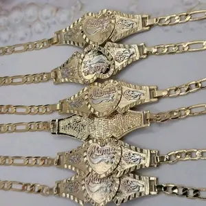 Mama Beautiful bracelet gold-plated three colors figaro style heart 14k PLATED 7"INCHES price for each perfect date nice gift