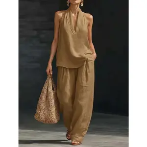 Popular caramel-colored women's sets, women's pants and sleeveless tops, summer casual beachwear, women's clothing, holiday gifts, summer women's short-sleeve tops Womenswear Suits