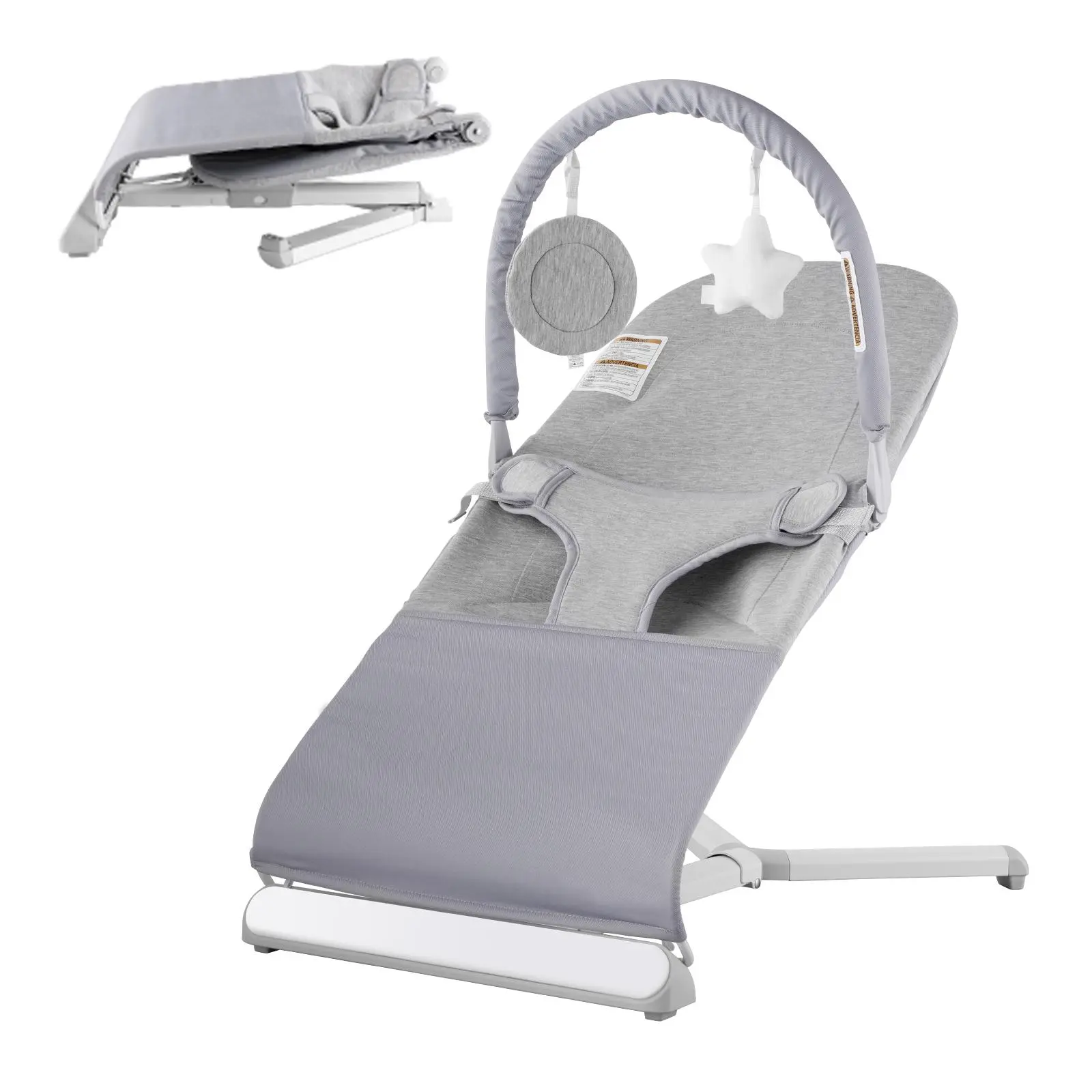 【FathersDayGift】VEVOR Baby Bouncer,  , Folding Bouncer Seat for Babies 0-9 Months, Newborn Bouncer Chair with 2 Reclining Angles & Rotatable Toy Bar, Portable Infant Rocker with Travel Bag for Indoor Outdoor, Light Gray