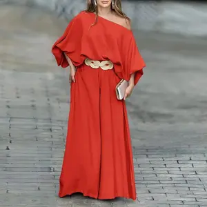 Women's Square Neck Lantern Sleeve Top and Wide Leg Pants Set for Elegant Outfit Wear