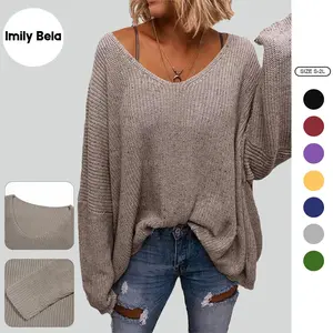 Imily Bela Women's V Neck Long Sleeve Knit Loose Oversized Pullover Sweater