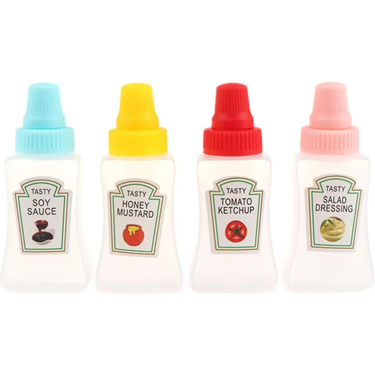 4-Count Durable Portable Kitchen Seasoning Utensils Set - Cute Compact Containers, Empty Ketchup and Mustard Syrup Dispensers (Cute Tomato Ketchup Bottle Included) for Bento Boxes, Office Workers