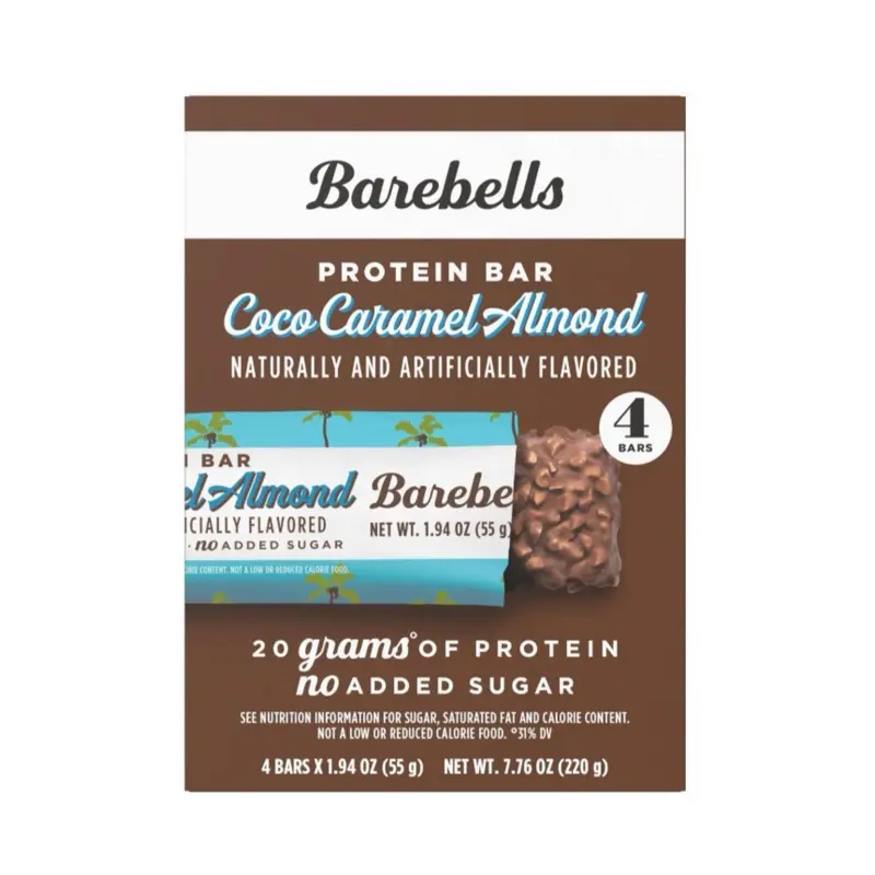 Barbells Protein Bar, Coconut Caramel Almond Flavor, 1 Box (4 Bars, 20g Protein), Snack, Protein Packed Snack