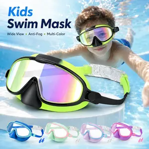 Kids Swim Mask 2 Pack for Ages 3-12, Anti-Fog Wide View Swimming Goggles with Nose Cover and Earplugs