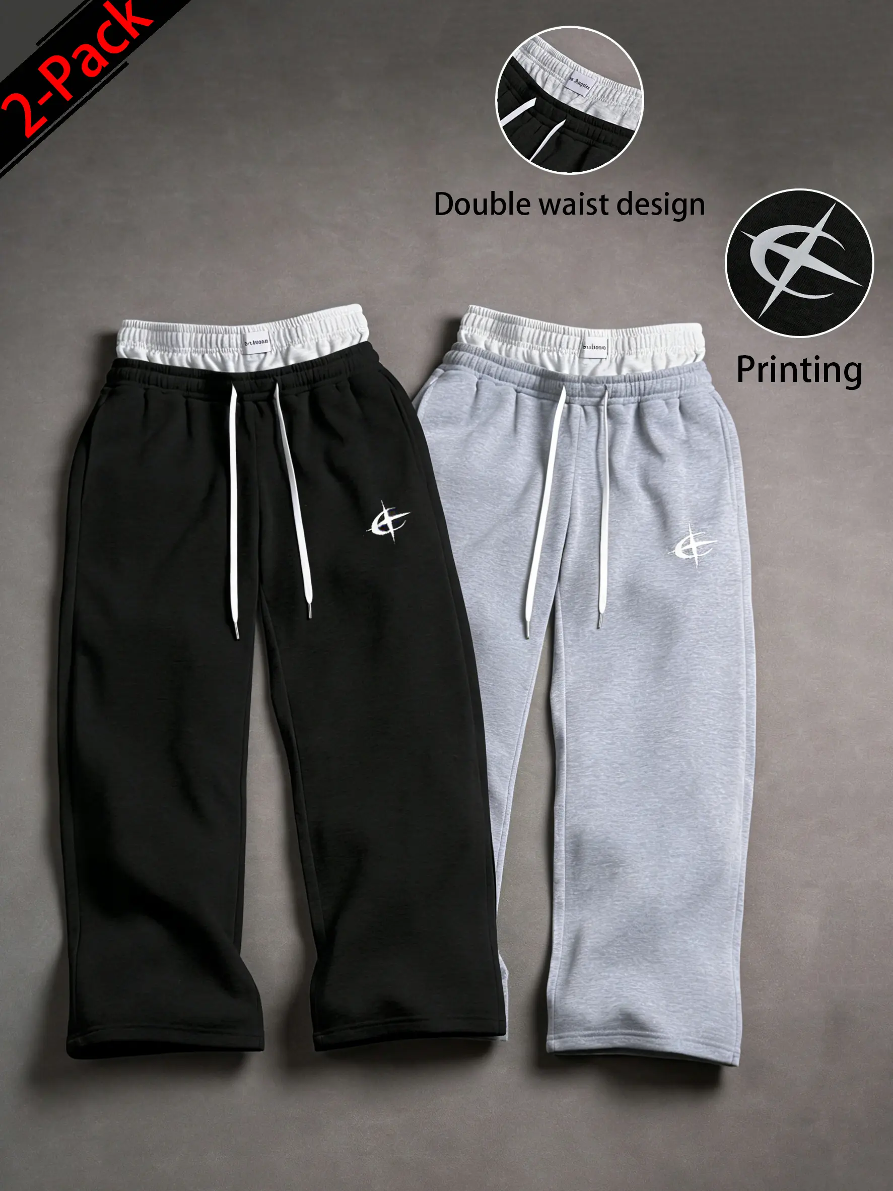 Available  packs of 1-2-3 pieces; unisex Y2K street-style floor-length jogging pants; baggy wide-leg sweatpants; faux two-piece color-block joggers with double waistband design, elastic waistband and drawstring; men’s casual printed jogging pants in stree
