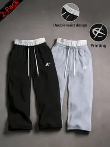 2-pack unisex Y2K street-style floor-length jogging pants; baggy wide-leg sweatpants with a faux two-piece color-block design featuring dual waistband areas, elastic waistband, and drawstring; men’s casual printed jogging pants in street style for everyda