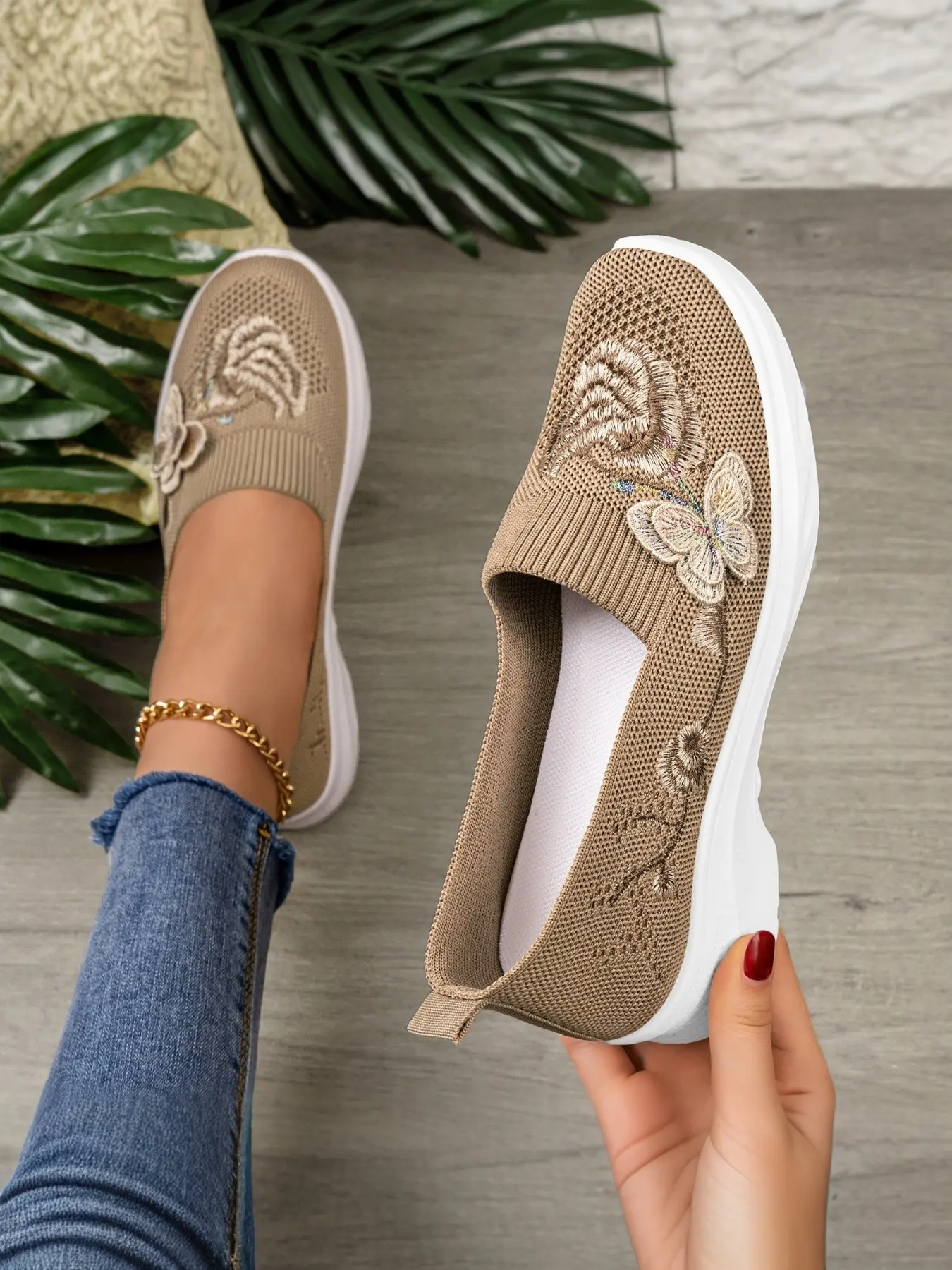 Women's Floral Embroidered Knit Slip-On Sneakers - Breathable Wedge Casual Walking Shoes Fashion Casual Shoes for Everyday Wear Footwear