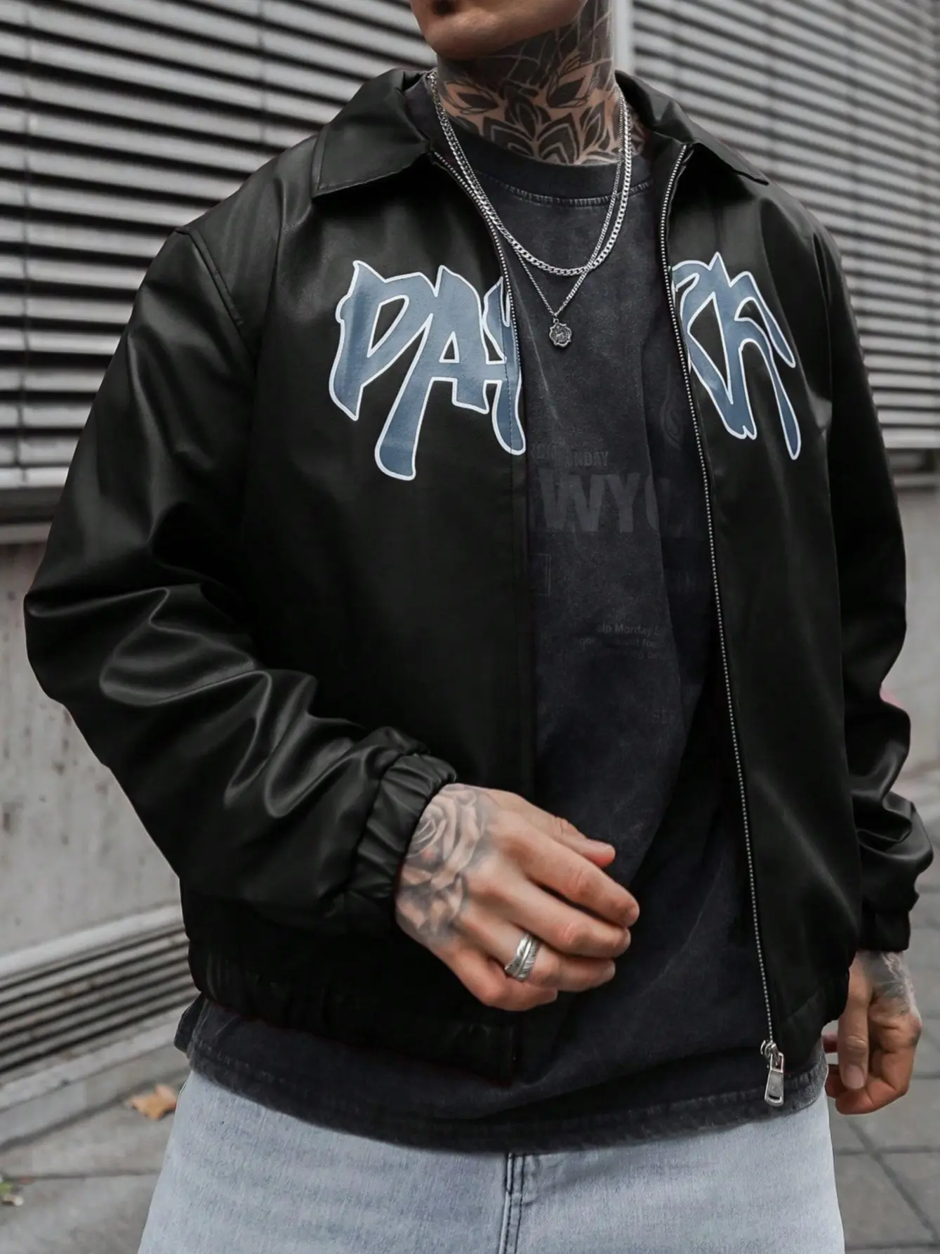 Men's Faux Leather Coach Jacket, Graffiti Gothic Letter Front Print Full Zip Collared Bomber Coat, Elastic Rib Cuff Hem Loose Fit Soft PU Outerwear, Hip Hop Streetwear Side Pocket Lightweight Casual Jacket for Spring Fall Skate Daily Street Fashion Outfit