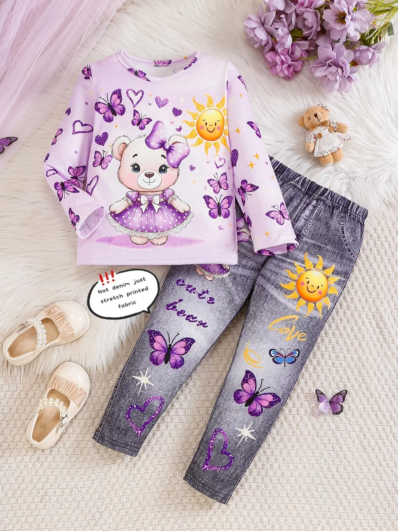 Two-piece Set Girl's Cartoon Bear Print Sweatshirt & Butterfly Print Denim-effect Print Pant Set, Cute Long Sleeve Round Neck Pullover & Denim-Effect Print Trousers for Daily Wear, Kids Clothes for All Seasons, Cute Clothing Set, Sweatshirt Sets