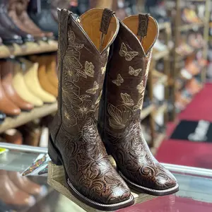 Chocolate Butterfly Tooled Cowgirl Boots Square Toe
