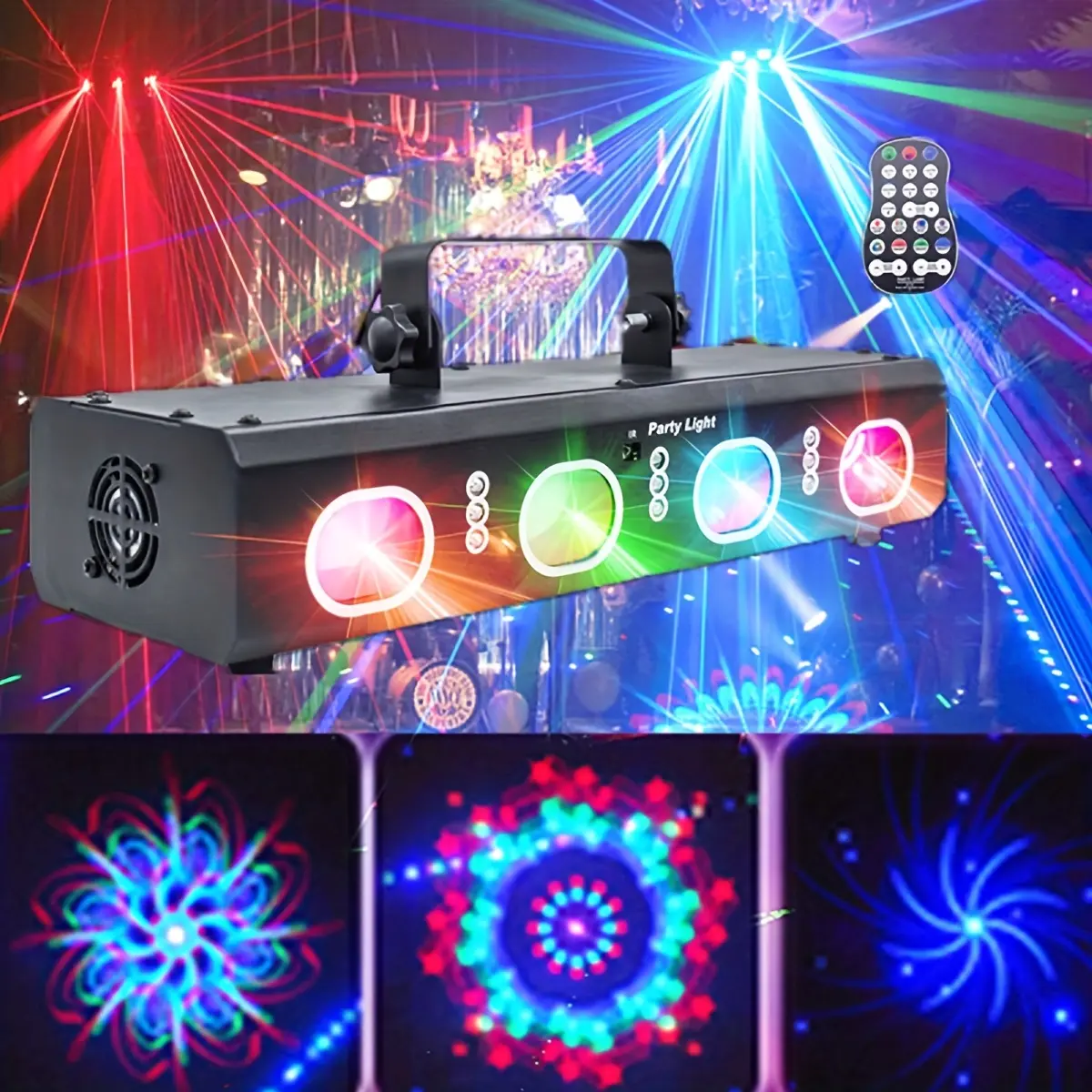 Four-lens Rotating Laser Stage Light, Sound-activated Colorful Strobe Ambient Light, Beam Light Specially for KTVs, Bars and Nightclubs, Dynamic Pattern Projection Professional Stage Atmosphere Decor Lamp for Birthdays, Weddings and Parties