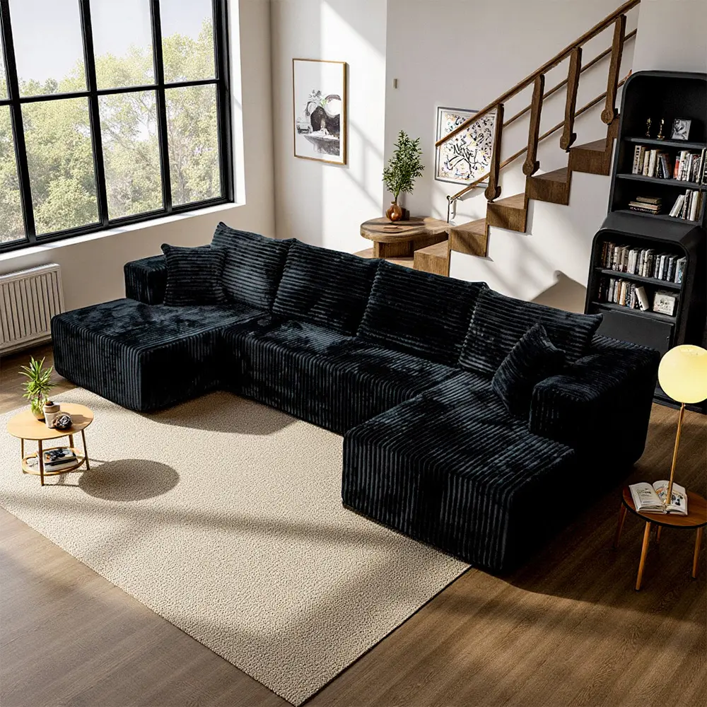 132'' U-Shape Modular Corduroy Comfy Upholstered Sofa - Sleek Modern Boneless Sectional Couch, No-Assembly Multi-Piece Set for Living Room Indoor Furniture, Living Room Couches
