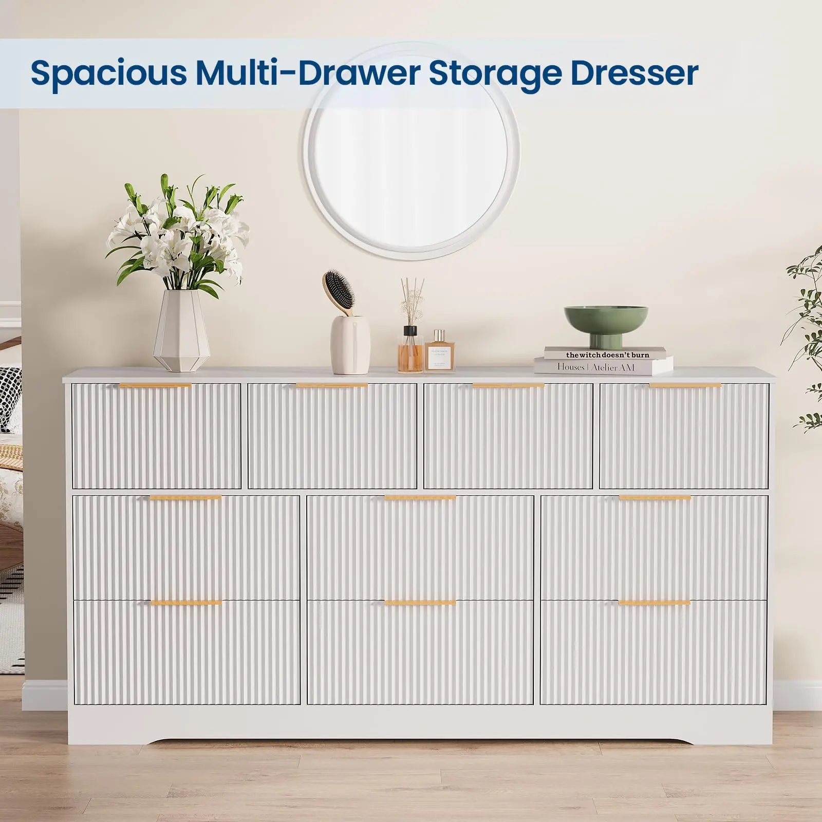 Garvee 59" Wide Fluted Wood Dresser - 9-Drawer Sturdy Chest with Waterproof Surface, Space-Saving Design, Stable Wide Base, Wall-Mounted Option, Ideal for Bedroom Drawer & Clothing Organization
