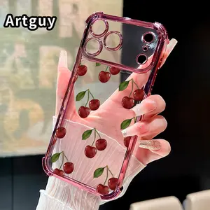 Cherry Delight Pattern Four Corner Anti-Fall Phone Case Transparent Electroplated Protective Cover for iPhone 17 Pro Max Air 16 15 Plus 14 13 12 11 E
