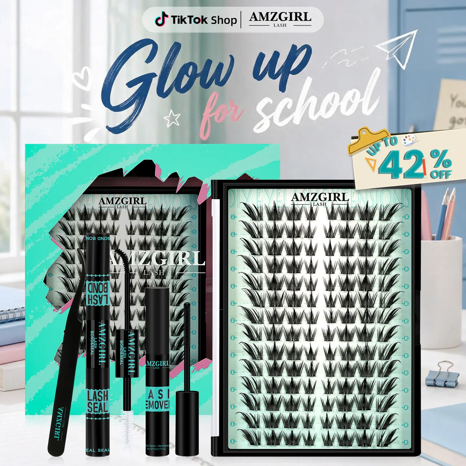 AMZGIRL LASH Fox&Puppy 112Pcs Eyelash Extensions with Long-lasting Lash Bond Seal Tweezer Remover Waterproof Fairy Manga Lashes DIY Clusters for Flawless Beginners Friendly Fluffy Must-have Cosmetic Lightweight Makeup