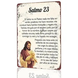 1pc Psalm 23 Metal Wall Art Sign with Jesus & Lamb - Bilingual English/Spanish Bible Verse (Psalm 23), Vintage Spanish & English Religious Decor Suitable for Home, Church, Cafe, Durable Aluminum Material, Easy to Hang, Ideal Gift for Christmas