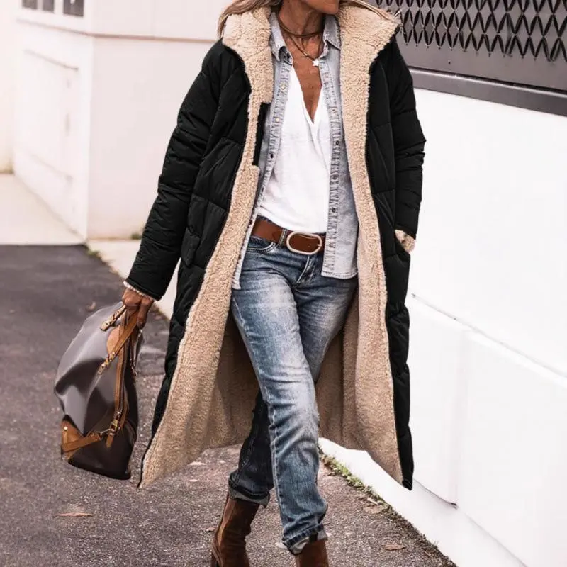 2025 Autumn New Women's Reversible Long Fleece Coat, Zippered Hood, with Pockets, Warm Winter Wear