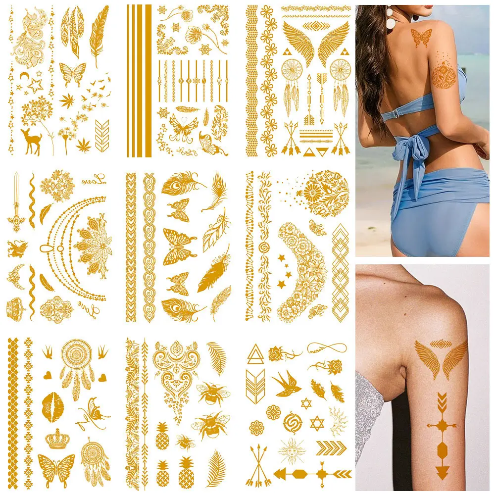 Women's Fashion Temporary Tattoo Stickers Set (9 Pcs) - Hot Stamping, Creative Decor, Butterfly Moon & Elephant Lace Armband Designs, Water Paper, All-Skin Body Art for Carnival Parties, Summer Travel