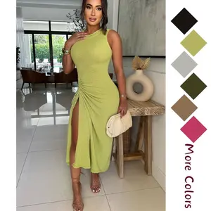 Womens Sexy Summer Dresses Sleeveless Round Neck Thigh-high Slit Ruched Bodycon Maxi Club Cocktail Party Dress