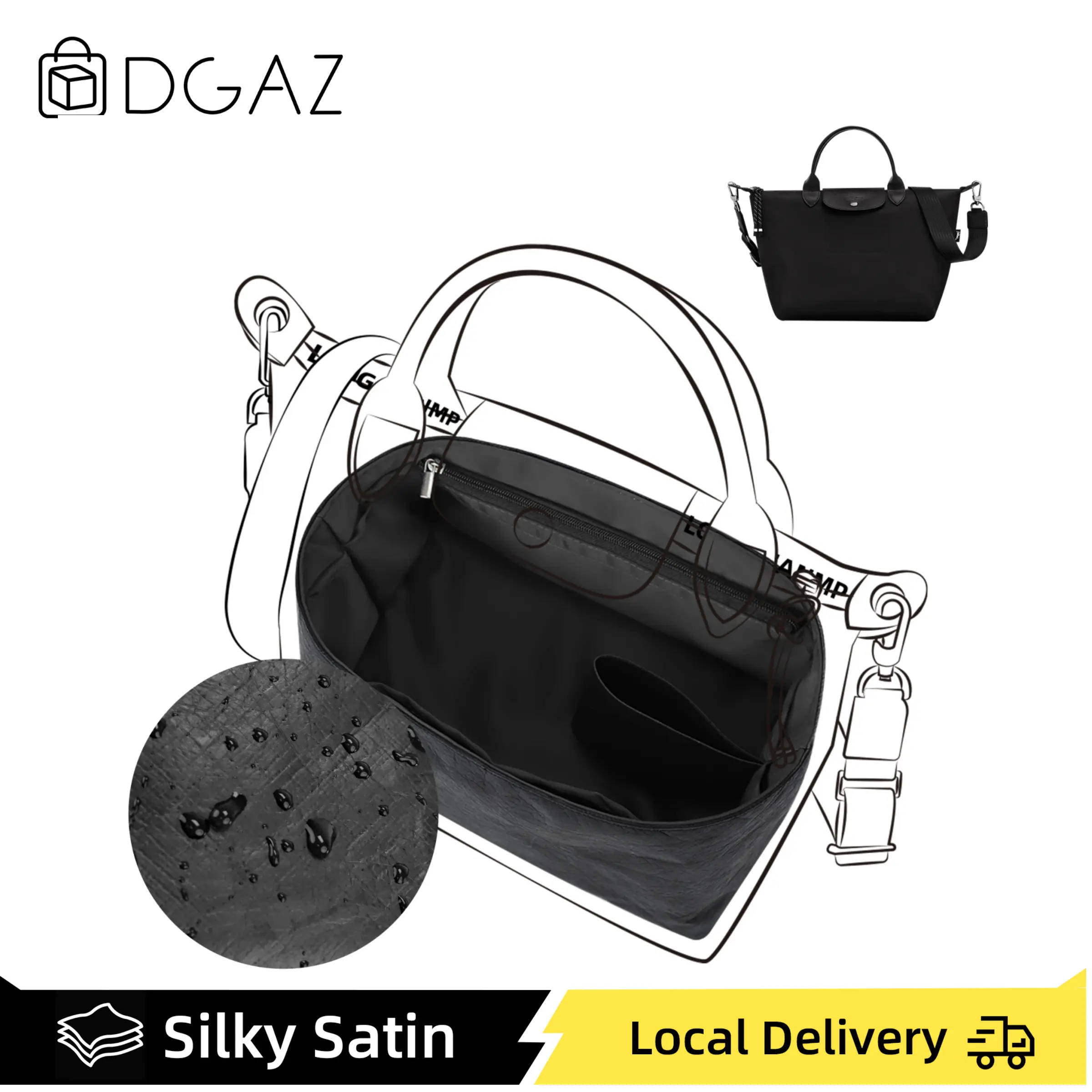 Longchamp Le Pliage Energy Series DGAZ Lightweight Purse Organizer Insert, Silk Material & Dupont Paper Inner Luxury Handbag Shaper