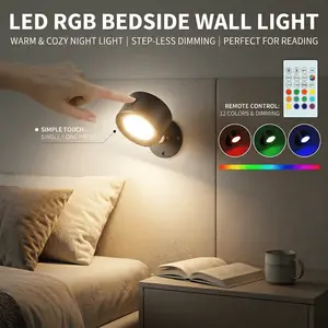 RGB Wall Light Touch Remote Control 14 Colors 3000K-6000K Dimmable Wireless Rechargeable 360° Rotatable Wall Sconce for Bedroom Living Room Home Office Ambient Lighting No Drilling Needed