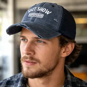 Funny Trucker Hat Lightweight Polyester Funny Trucker Hat | "Shit Show Supervisor" Printed Baseball Cap - Adjustable, Breathable Mesh in Vintage Washed Colors for Men & Women Fashionable| blue-collar