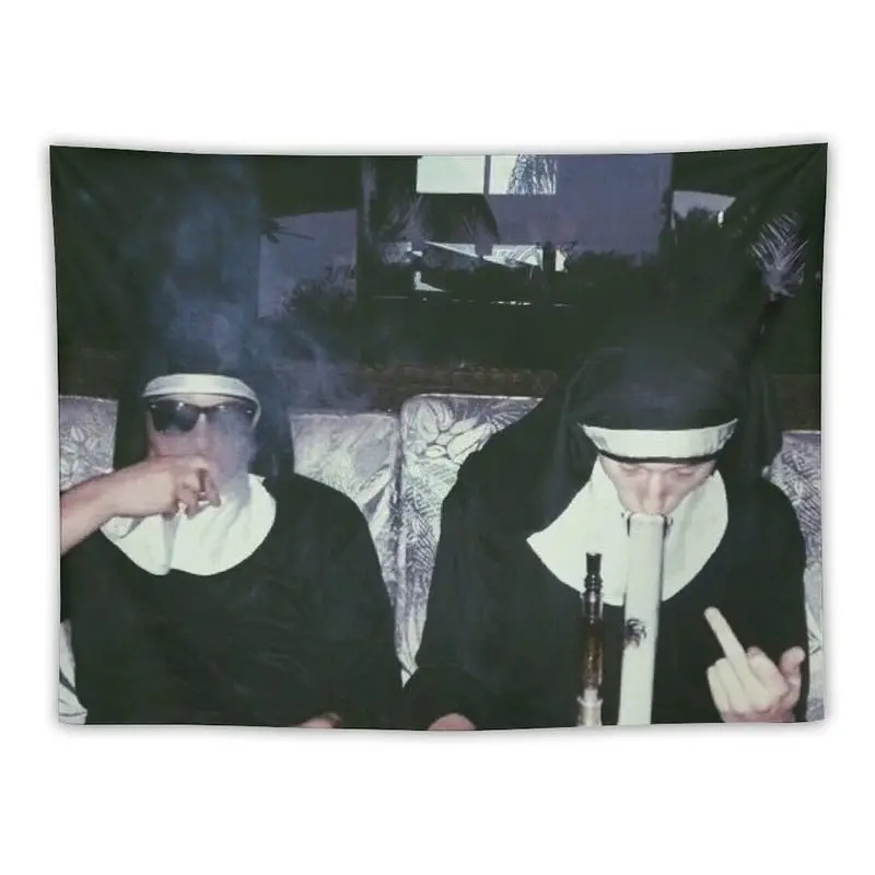 Whimsical Nuns Smoking Weed Aesthetic Single-Side Printing Tapestry - Strong, Anti-Pilling, Indoor/Outdoor Decorative Wall Mural, Hand Wash Compatible for Home Decor, Beach Use, 90X60in