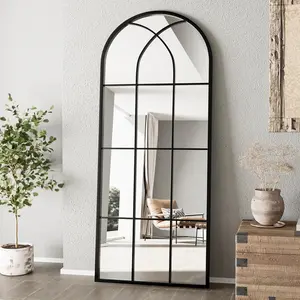 Mirror Full Length, 71"x32" Large Arched Mirror, Black Full  Window Pane Mirrors, Oversize Farmhouse Standing Wall Mirrors Hanging or Leaning for Living Room, Entryway, No Stand