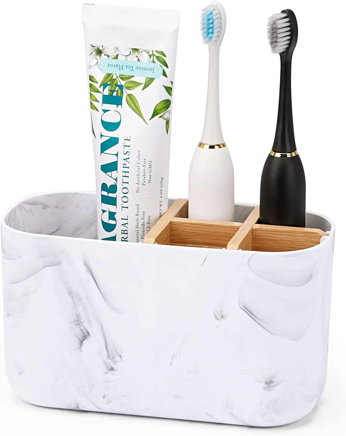 Toothbrush Holders for Bathrooms, 5 Slots Bamboo Toothbrush Holder Kids Electric Toothbrush Holder and Toothpaste Holder for Bathroom Countertop Accessories Storage, Marble Toothbrush Organizer