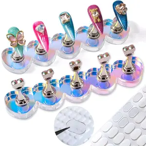 2 Set Nail Stands, Thickened Metal Nail Stand for Press Ons, Aurora Heart Nail Polish Holder for Painting, Fake Nail Display Stand Nail Practice Magnetic Nail Art Tools w/ 100Pcs Reusable Glue Tabs