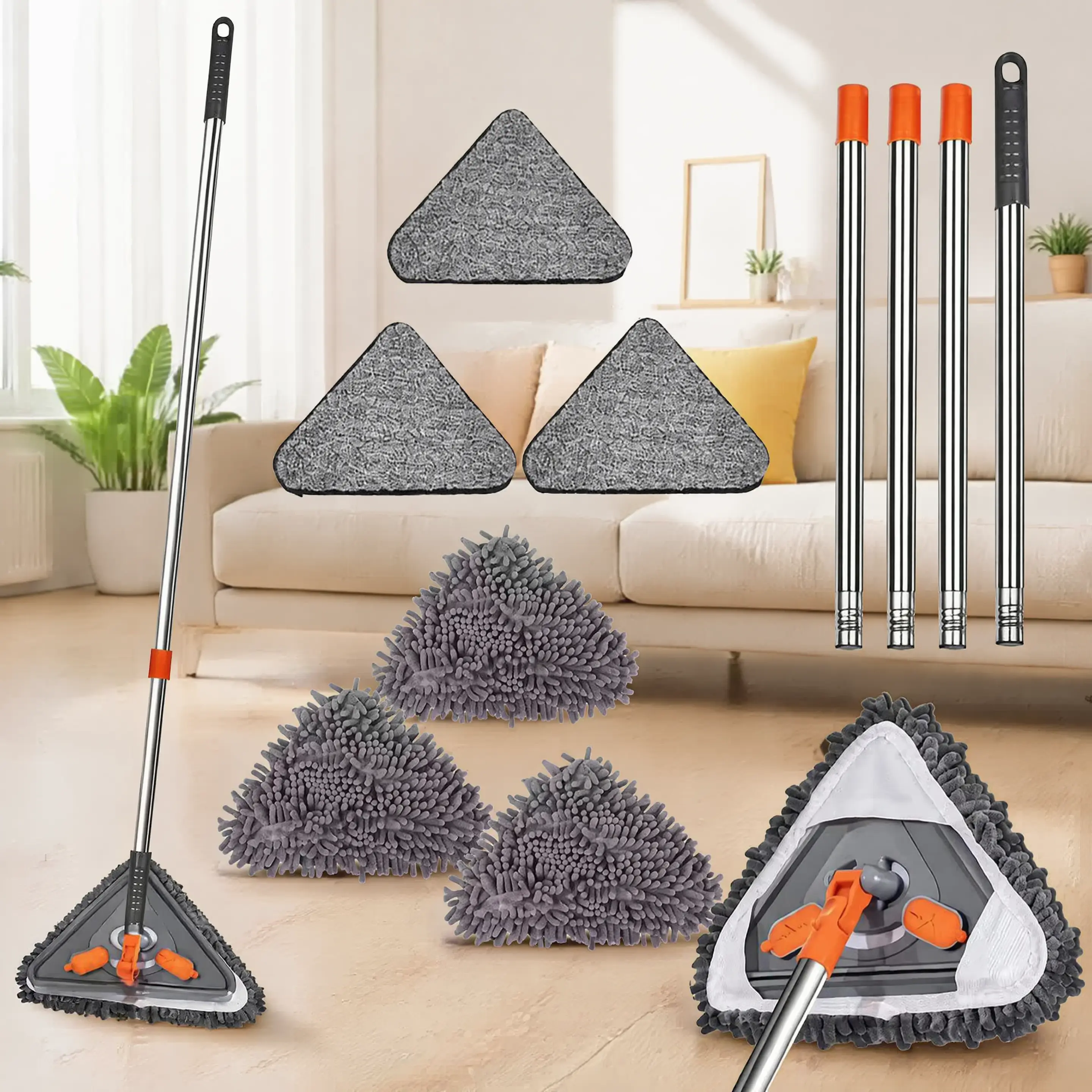 360° Rotating Triangle Wall Cleaning Mop with Long Adjustable Handle, Microfiber Ceiling & Corner Cleaner, Silicone Adjuster, Metal Pad Squeegee Flexible Retractable Sunflower
