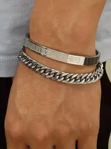 2counts/set Men's Summer Plain Stainless Steel Link Chain Bracelet & Roman Numerals Design Bangle, Stainless Steel Jewelry for Birthday Gift, Fashion Bracelets