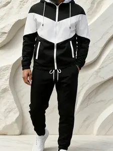 Men's Casual 2-Piece Outfit: Color-Block Zip Hoodie Jacket + Breathable Solid Drawstring Pants