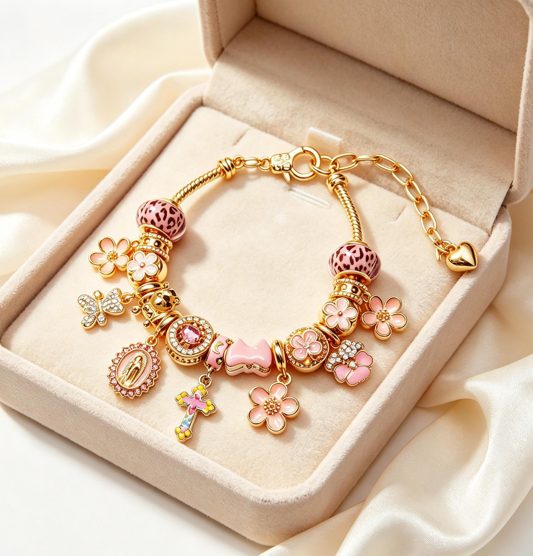 Pink Enamel Leopard Print Flower Charm Bracelet, Gold Tone Adjustable Chain Cross Virgin Mary Butterfly Beaded Bracelet, Fashion Dainty Jewelry Gift for Women
