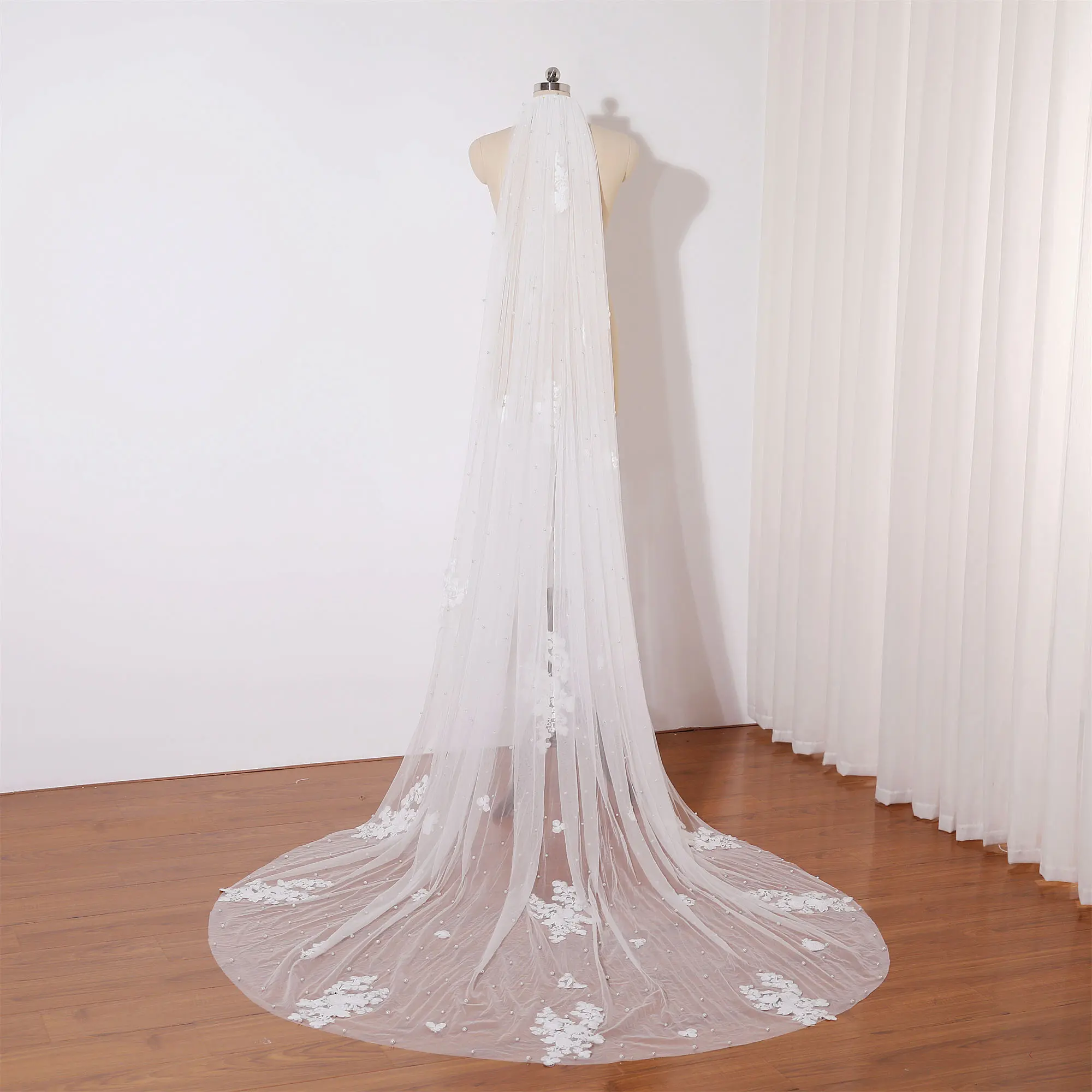 Chapel wedding veil floral lace embroidered, One tier lace wedding veil, Ivory wedding veil cathedral length, Romantic pearl wedding veil, Unique floral veil, Scattered veil