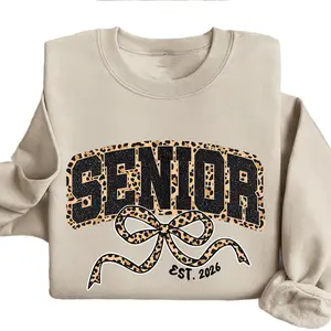 Senior 2026 Sweater, Leopard Class of 2026 Sweatshirt, Coquette Senior, Retro Cheetah Senior Bow Sweatshirt Cotton Fabric