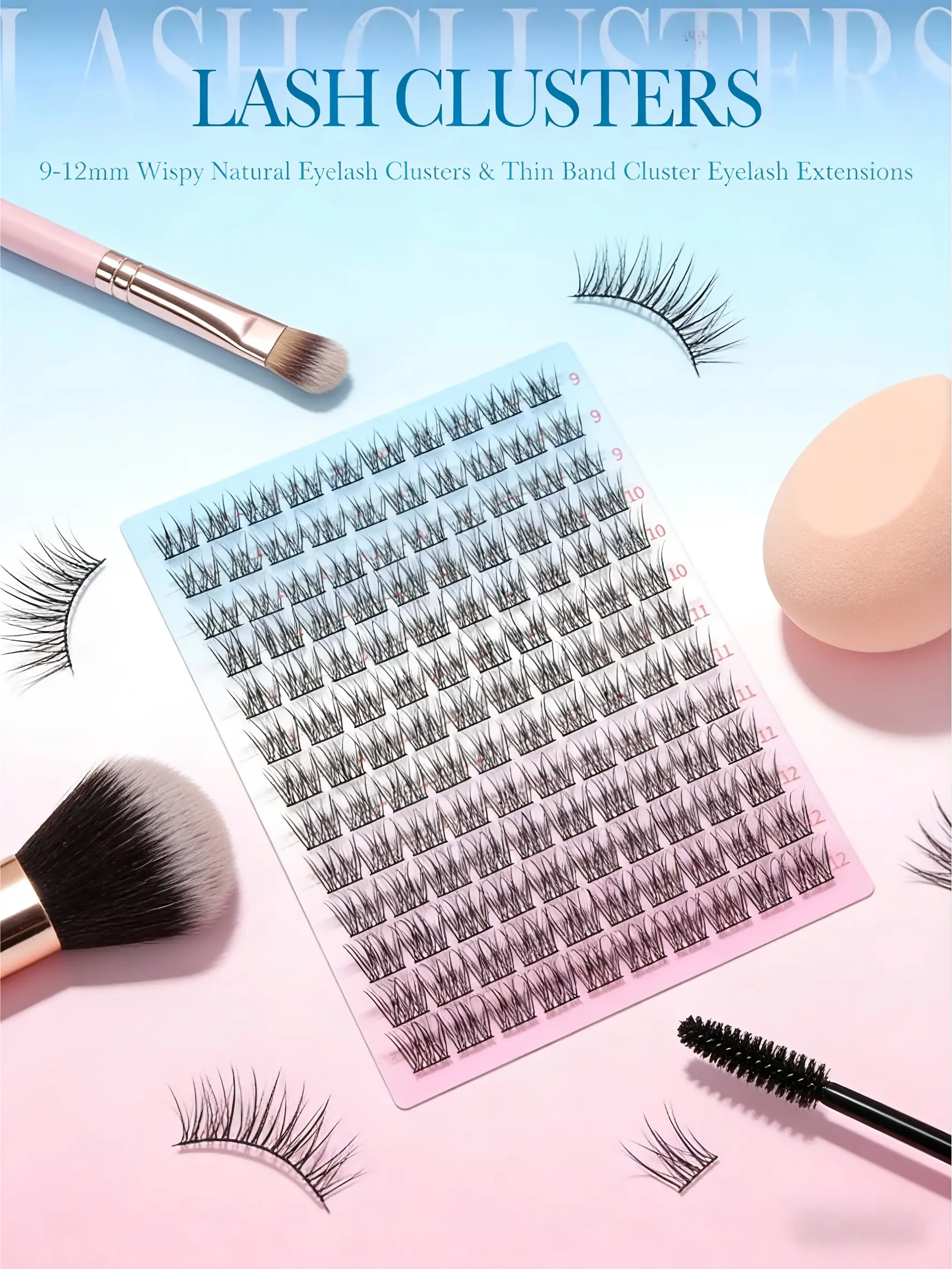 Luxury Wispy Individual Lash Clusters, 9-12mm Mixed Length with Soft Thin Band for Seamless Blending, Fluffy Volume Eyelash Extensions