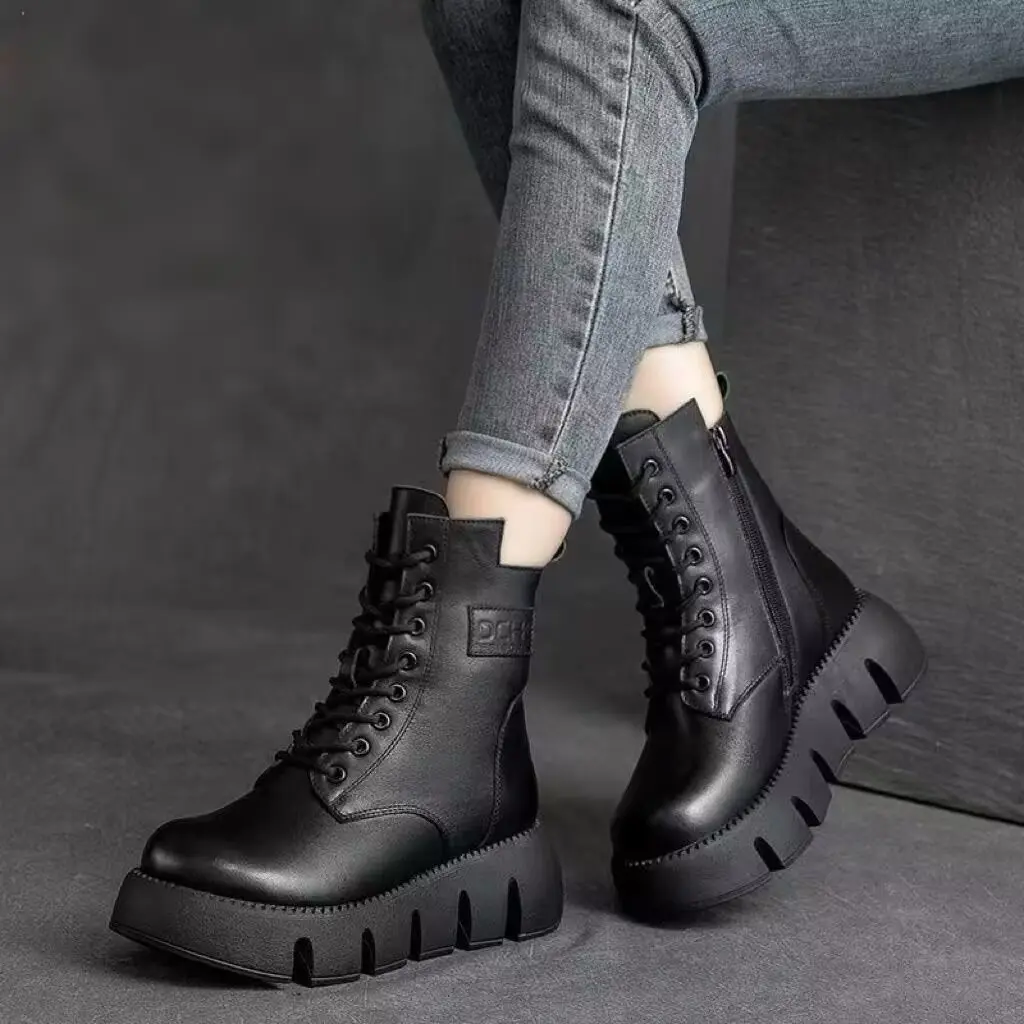 Women's Ankle Boots with a Chunky Platform Wedge, Synthetic Walking Shoes with Comfortable Heels, Cushioned Insole and Slip-Resistant Rubber Sole, Footwear, Stylish, Casual Wear, Fabric, Cuban, Plain, Platform Heel, Ankle Length, Vintage Round, Round Toe,