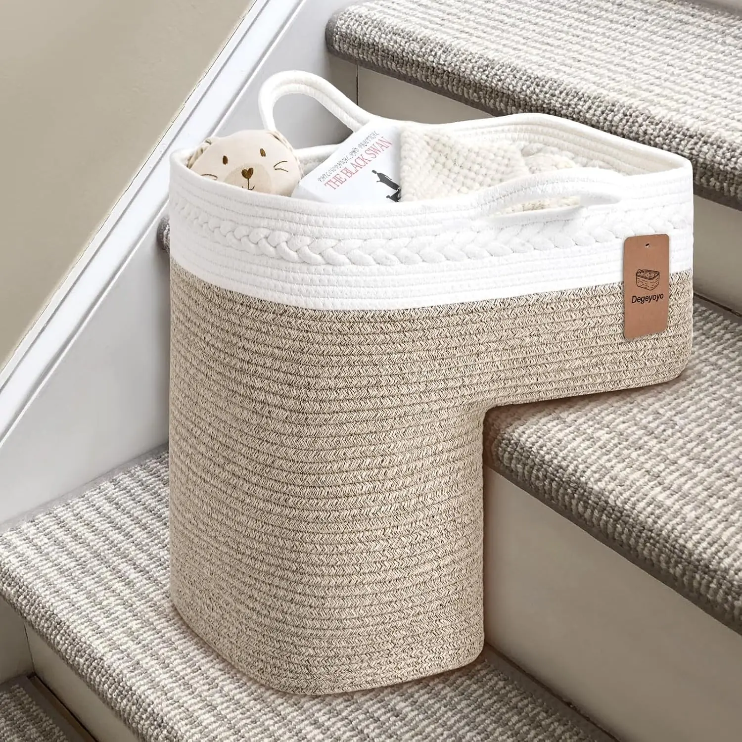 Woven Stair Basket, Stair Baskets for Wooden Stairs, Carpeted Stairs Storage Basket with Handles, Staircase Baskets for Toys, Books, Brown, 15 L x 10 W x 15 H