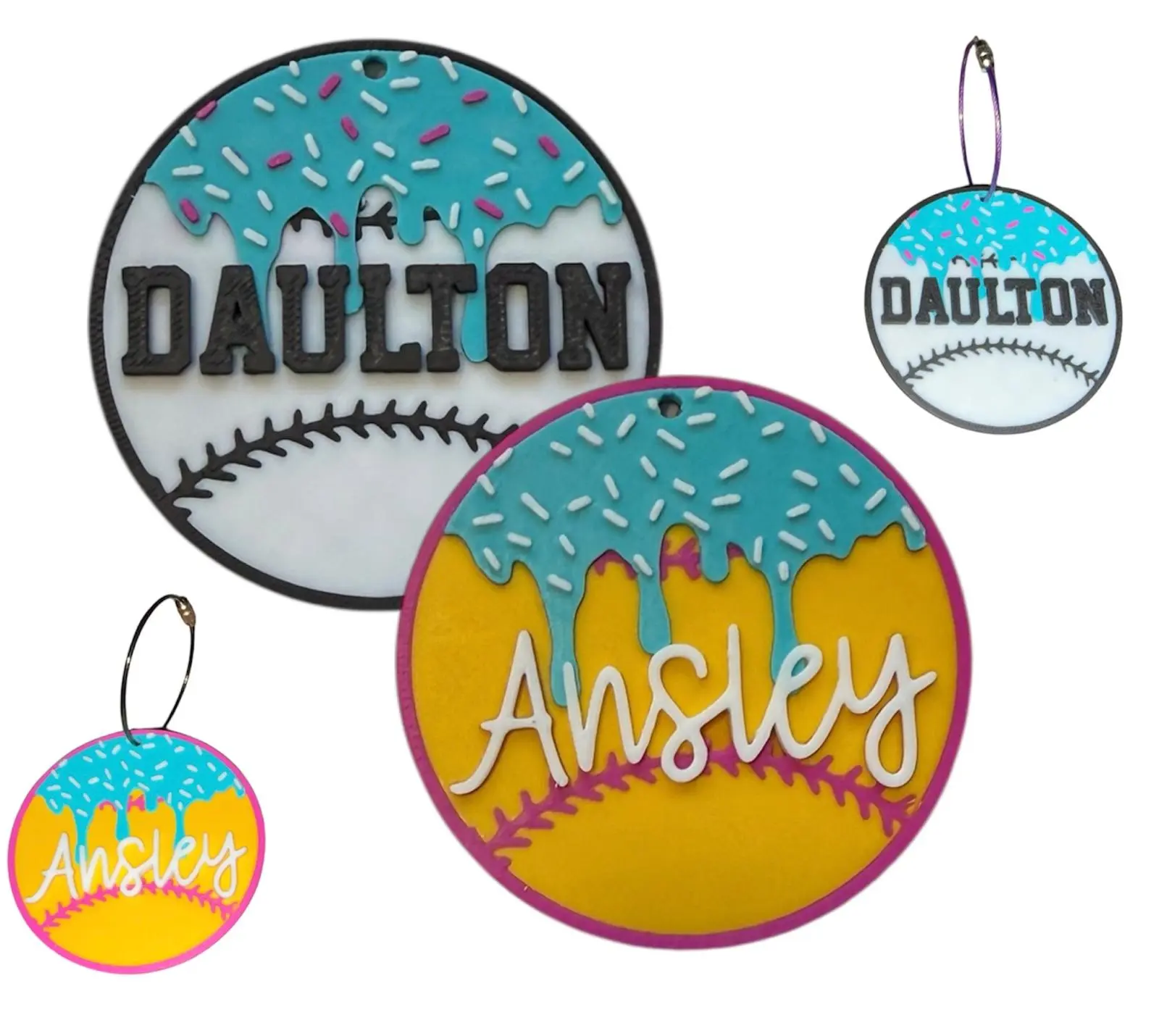 CUSTOM 3D PRINTED DRIP BASEBALL/SOFTBALL BALL BAG TAG WITH 4INCH WIRE ATTACHMENT PERSONALIZED NAME OPTIONS Bag Decoration Bag Charms