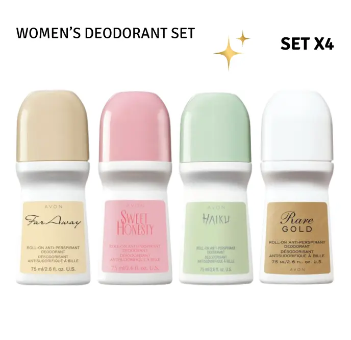 Avon Women's Roll-On Deodorant Set | Far Away, Sweet Honesty, Haiku & Rare Gold 4-Pack
