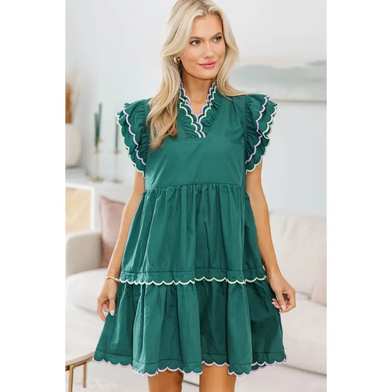 green emerald velvet dress Square Neck Scalloped Embroidered Sequin Midi Dress - Emerald Green main image 1